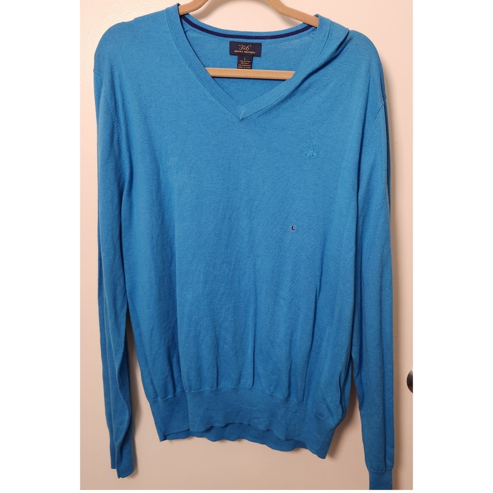 346 Brooks Brothers NWOT Mens Lrg Blue Cotton Silk Cashmere V-Neck Sweater Logo
